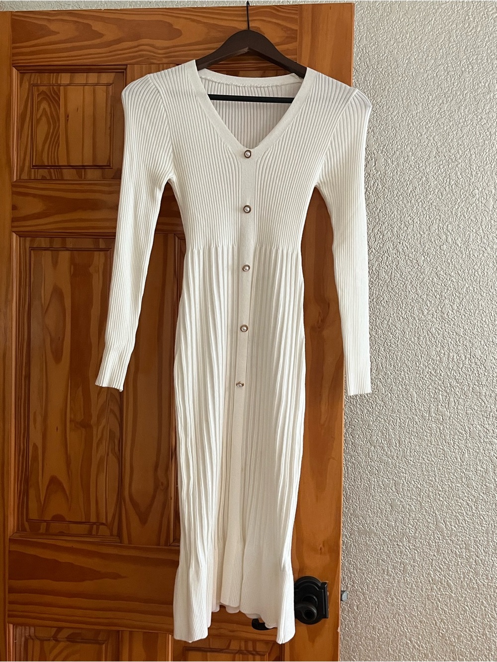 SHEIN Cream Ribbed Button-Front Long Sleeve Knit Dress